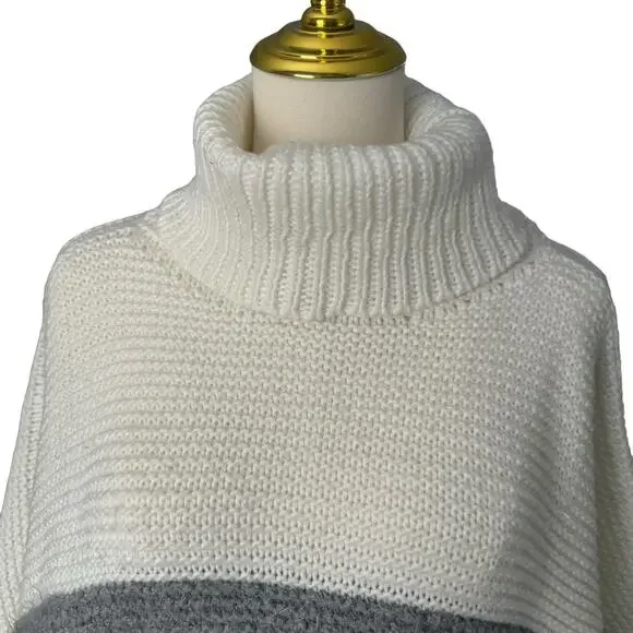 Vince Camuto Colorblock Turtleneck Sweater Grey White Poncho Shrug Thick Warm OS - Picture 5 of 16